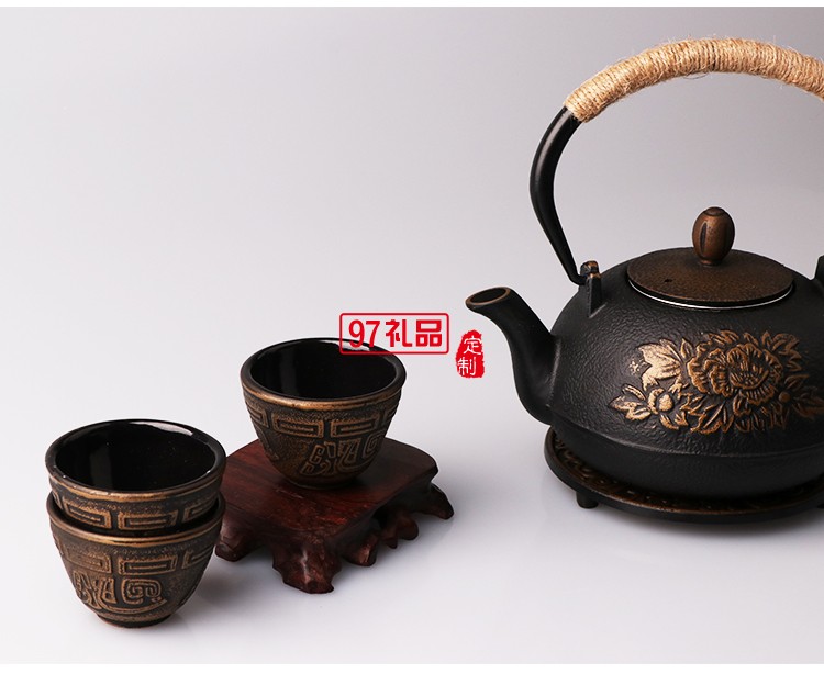 翻砂铁壶+四个中铁杯+垫叉包装 定制茶具 定制logo