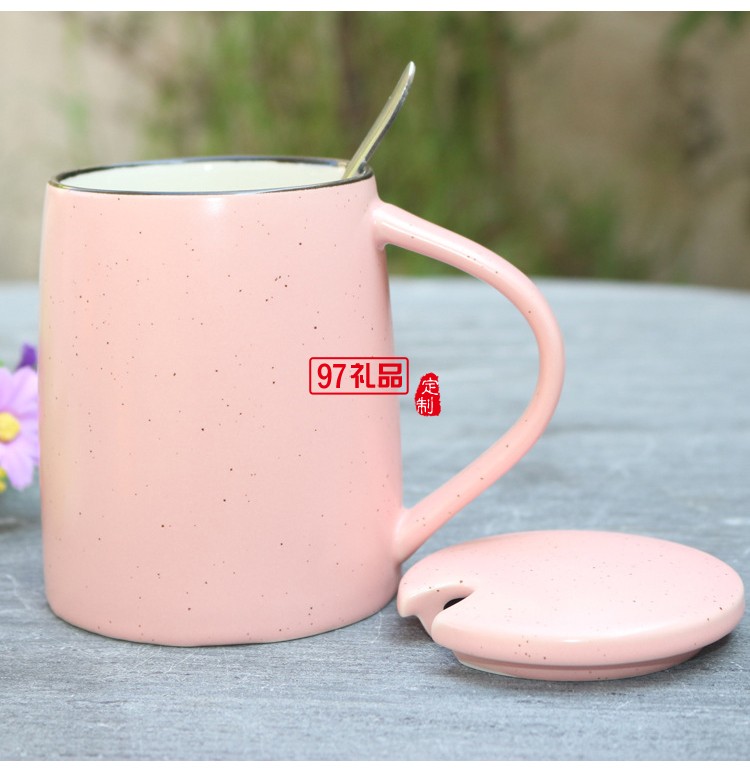 创意色釉陶瓷杯 带勺子带盖子马克杯 大容量早餐牛奶杯可印logo