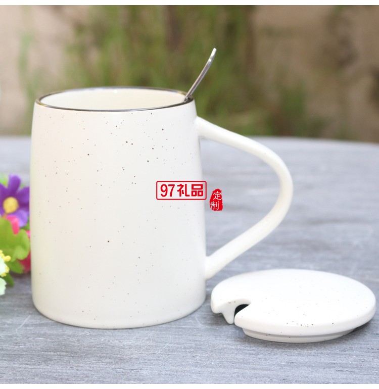 创意色釉陶瓷杯 带勺子带盖子马克杯 大容量早餐牛奶杯可印logo