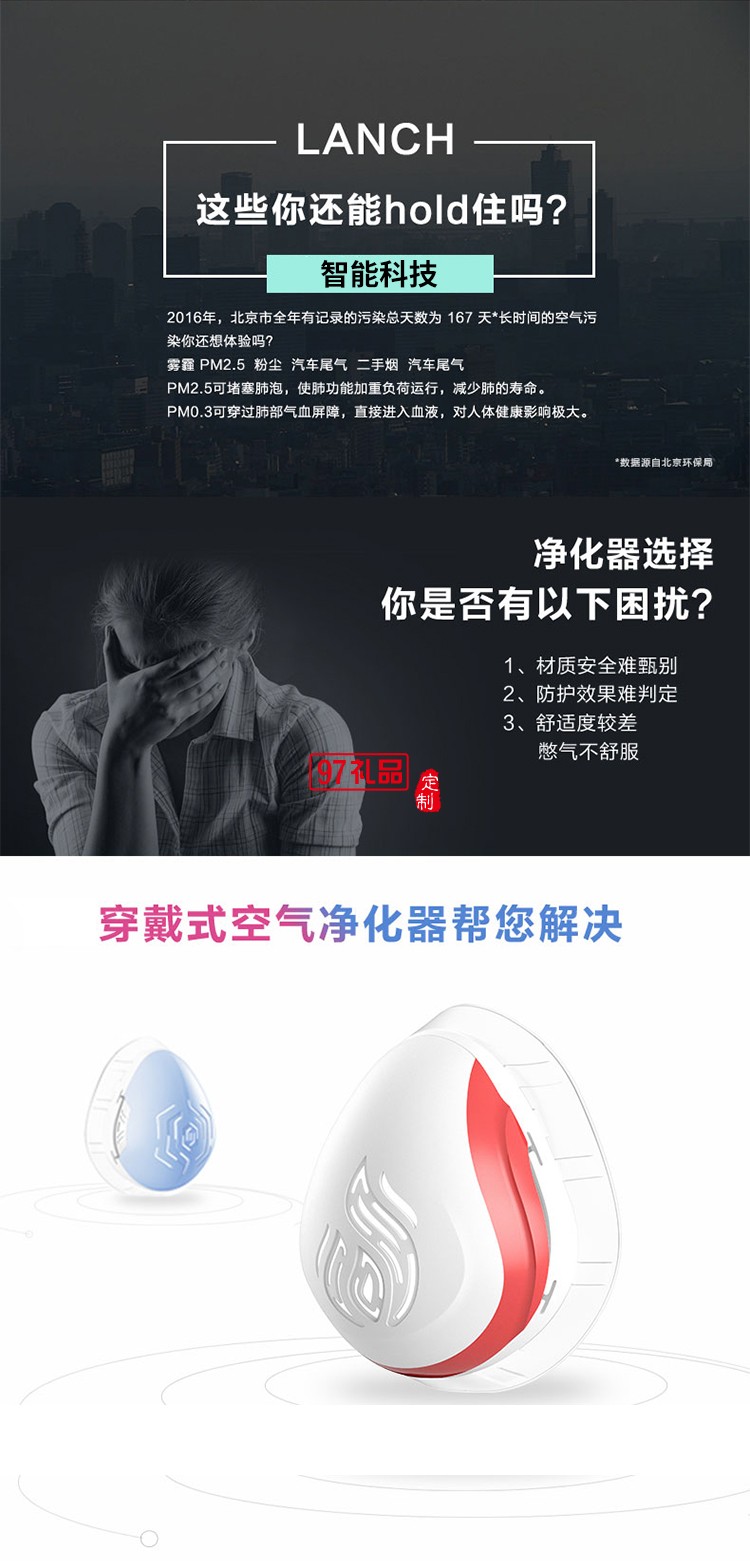 朗沁穿戴式空气净化器智能防雾霾口罩（成人款）定制公司广告礼品