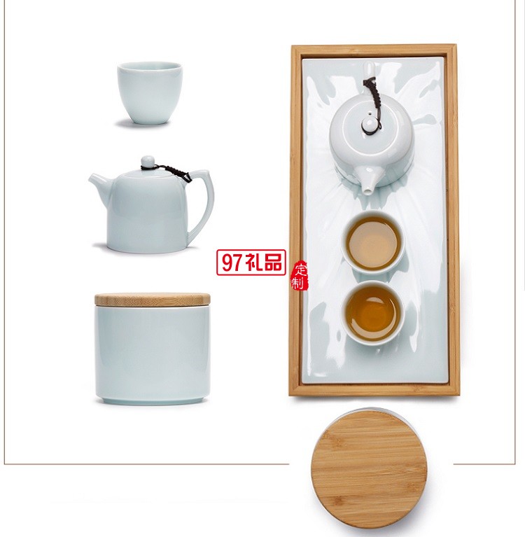 旅行茶具一壶两杯茶具套装 便携茶具 竹制陶瓷茶盘套装 可定制logo