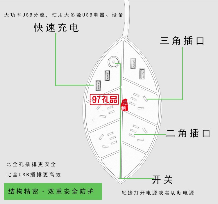 万达定制创意USB智能插排树叶拖线插座定制公司广告礼品