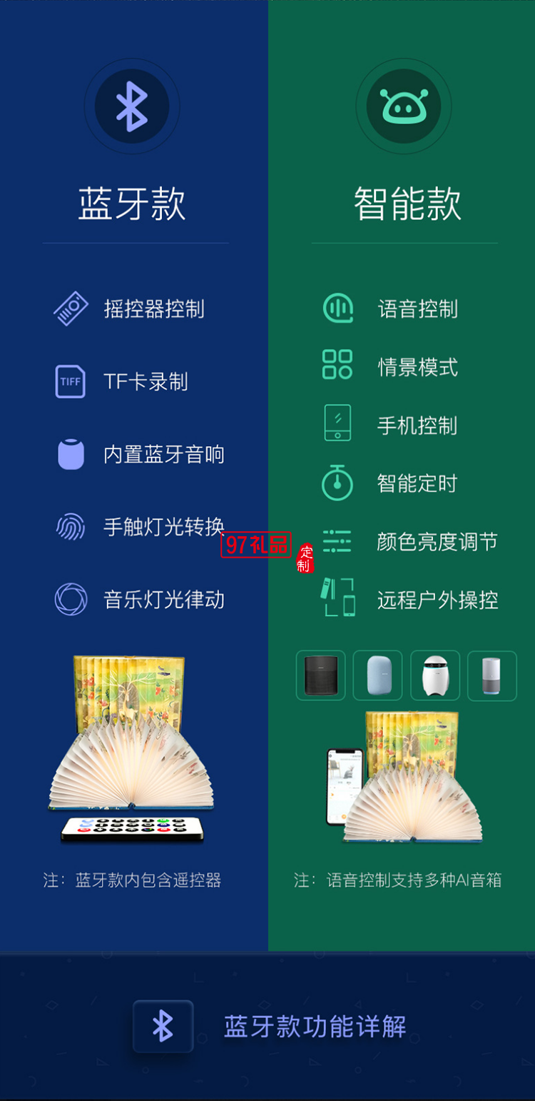 书灯欧堡书灯欧智能语音WiFi远程蓝牙音响文创礼品定制扇形小夜书本台灯
