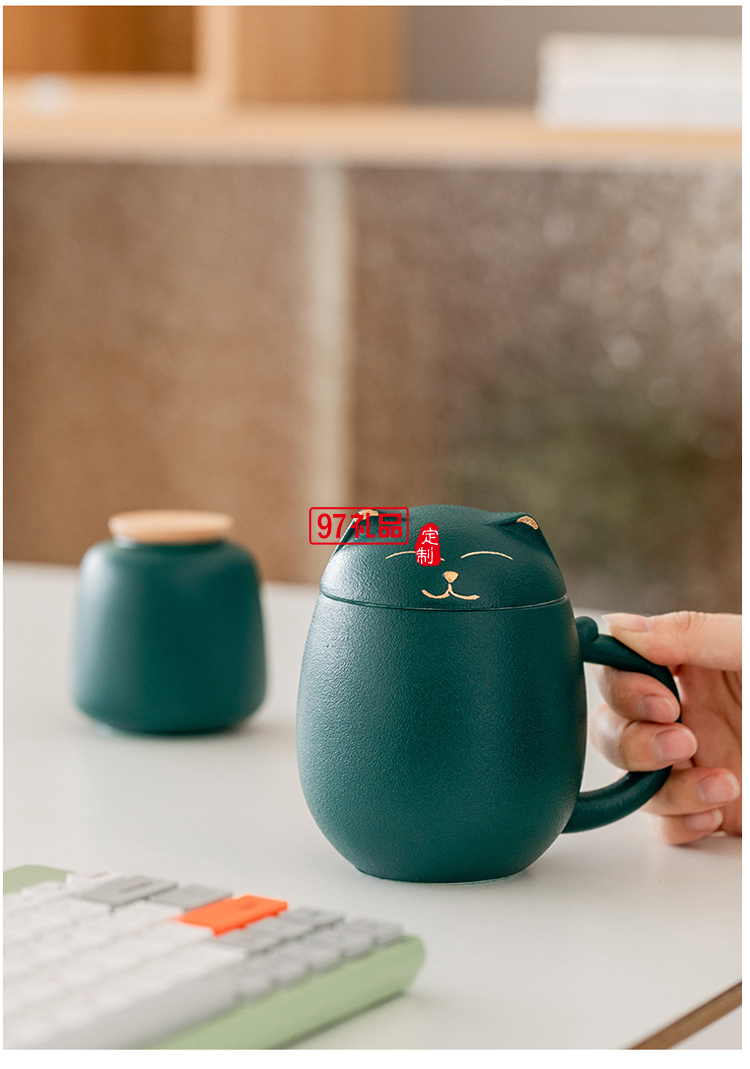 招财猫陶瓷马克杯创意茶杯带盖办公室泡茶杯子过滤杯卡通端午礼品