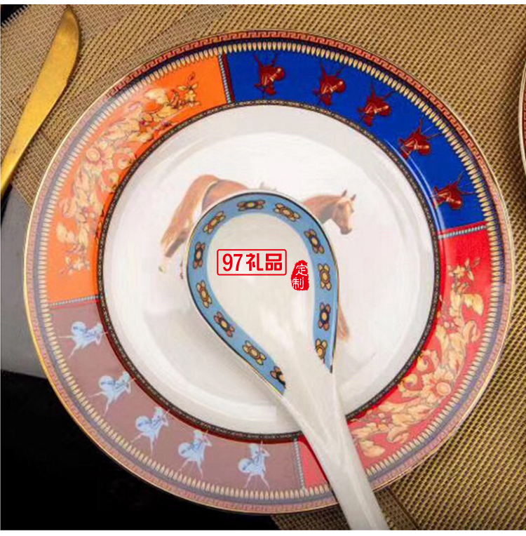 爱马HERME白马图高档骨瓷餐具28头套装礼盒碗盘碟瓷器欧式奢华
