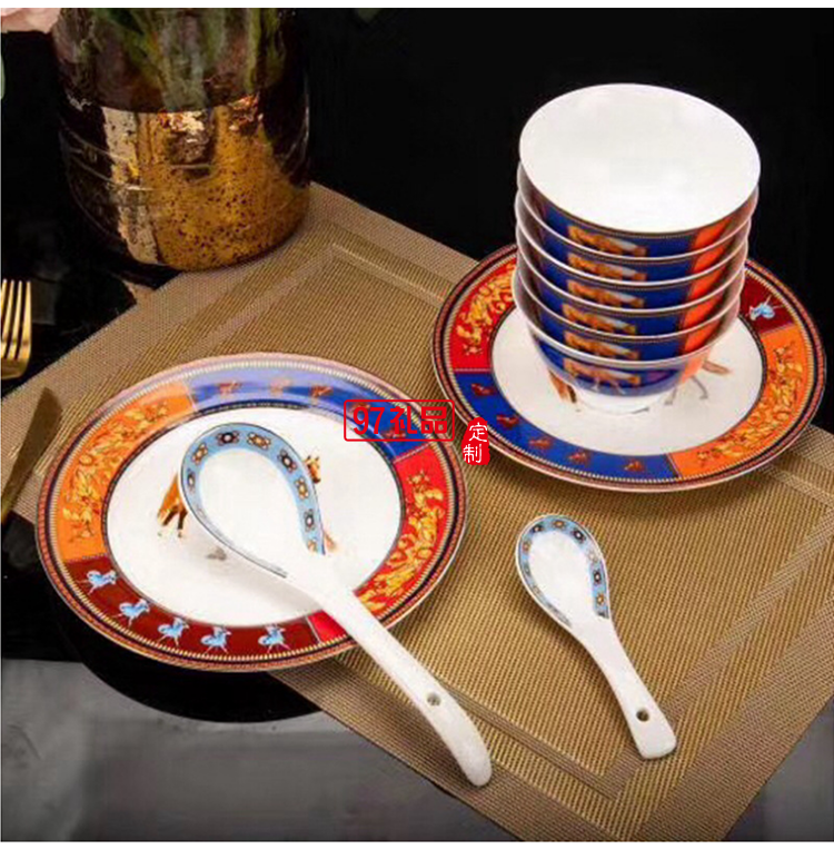 爱马HERME白马图高档骨瓷餐具28头套装礼盒碗盘碟瓷器欧式奢华