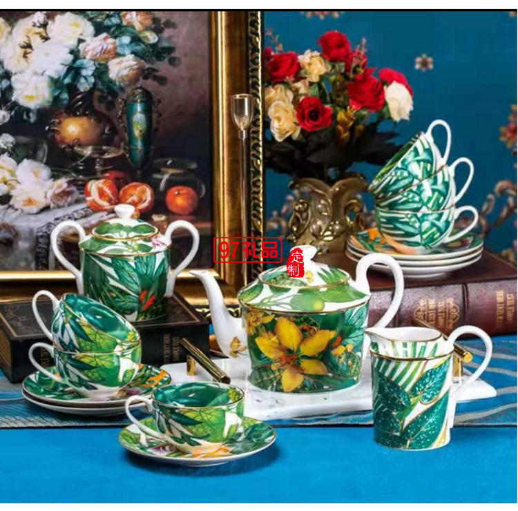 HERME爱马欧式热带雨林系列15头骨瓷餐具陶瓷盘碗勺乔迁结婚礼品