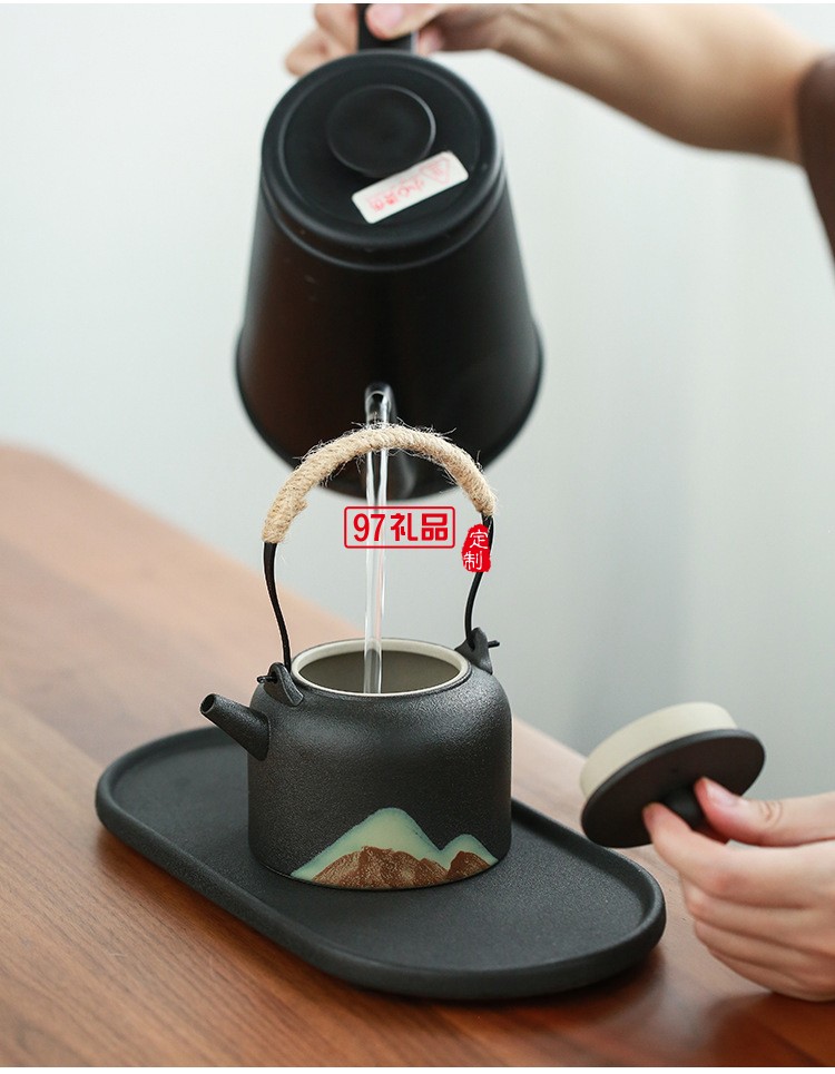 日式提梁壶功夫茶具 办公简约家用手绘禅意陶瓷茶壶礼盒套装