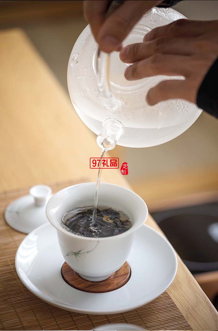 景德镇青竹功夫茶具套装 纯手绘釉下彩整套白瓷陶瓷盖碗茶杯