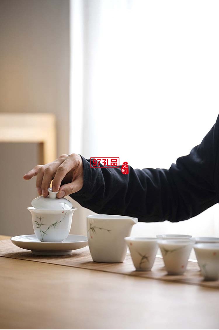 景德镇青竹功夫茶具套装 纯手绘釉下彩整套白瓷陶瓷盖碗茶杯