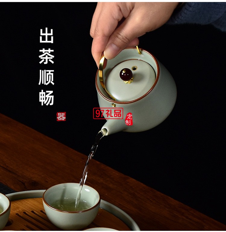 汝窑茶具套装家用茶壶盖碗茶杯单杯开片仿古汝瓷功夫茶具整套礼盒