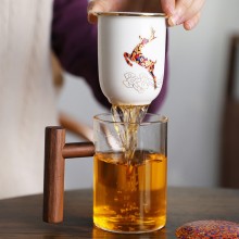 创意耐热玻璃杯水杯马克杯陶瓷内胆过滤办公杯茶杯木手柄泡茶杯