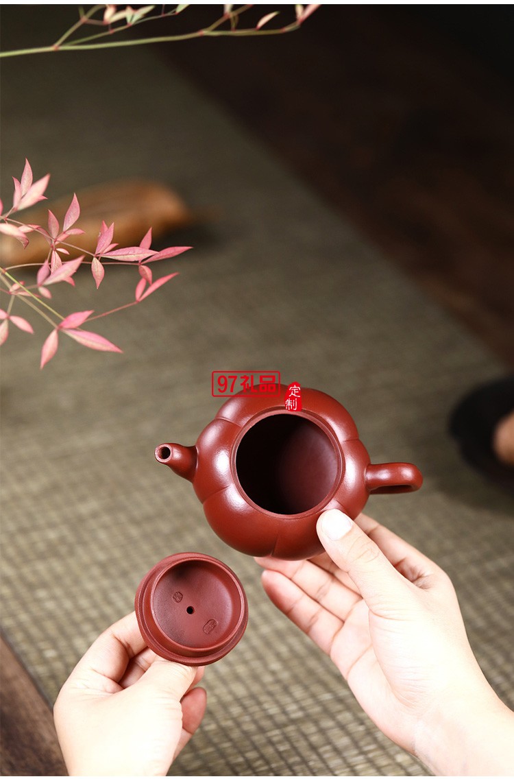 宜兴紫砂壶 纯手工原矿大红袍南瓜壶 批发定制茶壶茶具