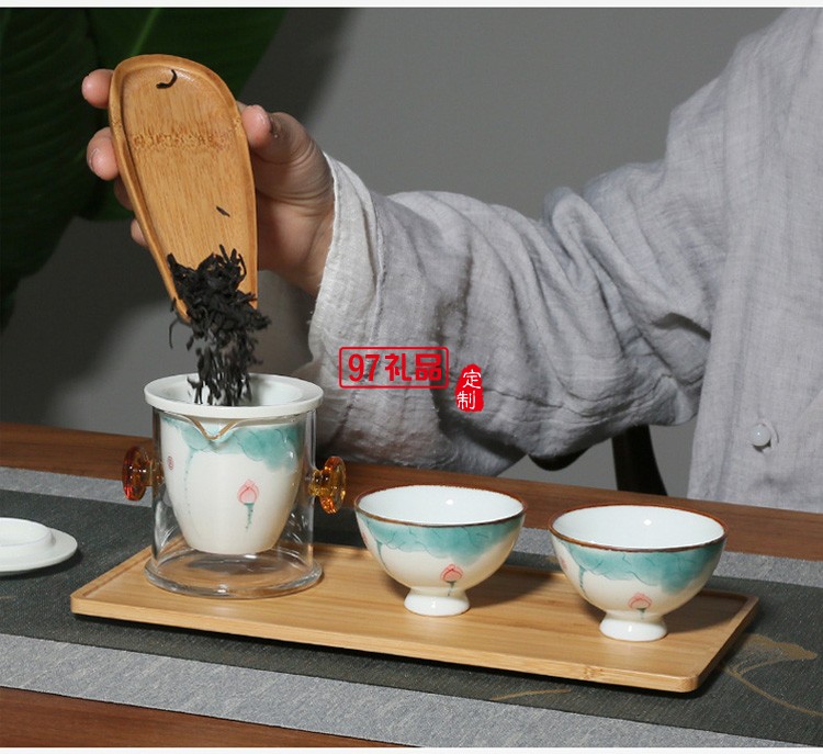 手绘荷花一壶二杯红茶泡茶具套装便携陶瓷茶壶泡茶器办公室礼品