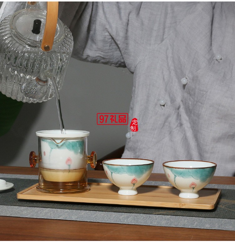 手绘荷花一壶二杯红茶泡茶具套装便携陶瓷茶壶泡茶器办公室礼品