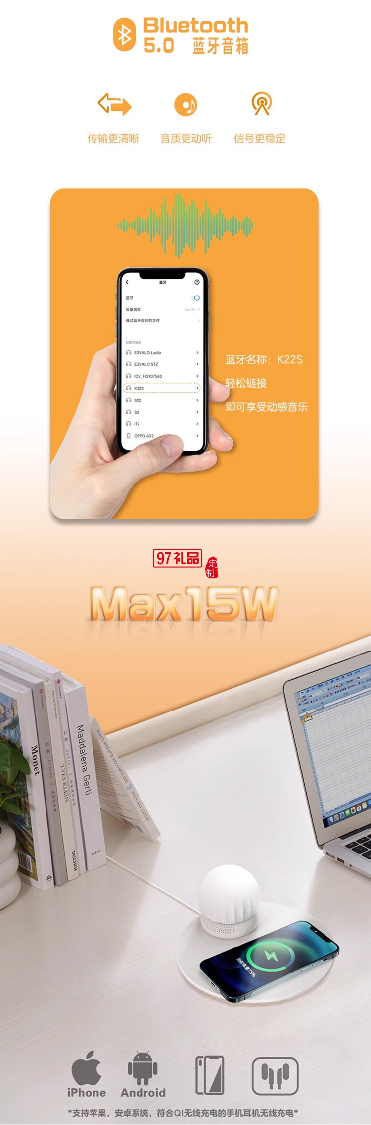 蓝牙音响无线充小夜灯分体式便携户外露营灯
