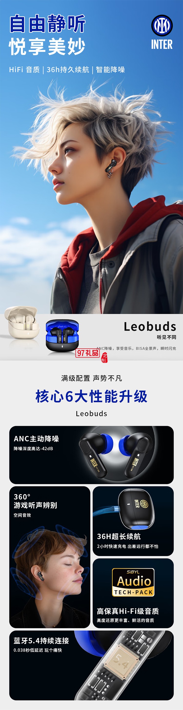 FCIM/国际米兰 Leobuds ANC主动降噪蓝牙耳机