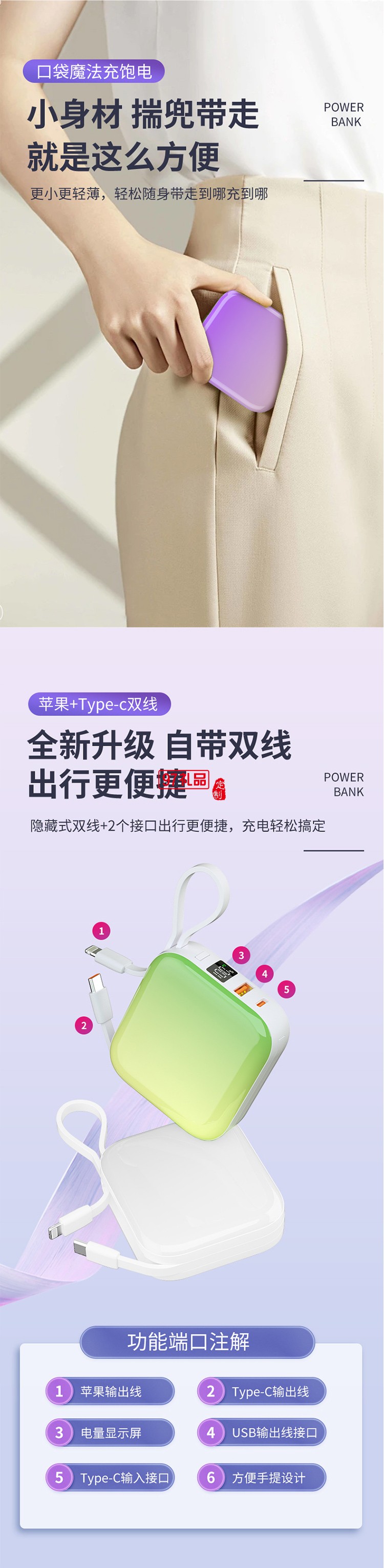 22.5w充电宝10000毫安20W快充PD大容量便携迷你自带线移动