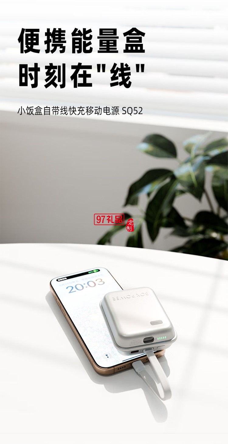 充电宝1w毫安 PD3.0移动电源20w自带线双向快充 可上飞机