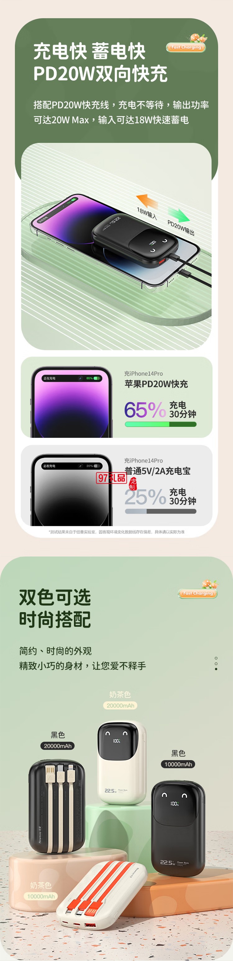快充充电宝【3C认证可上飞机】10000毫安时大容量自带线22.5WP